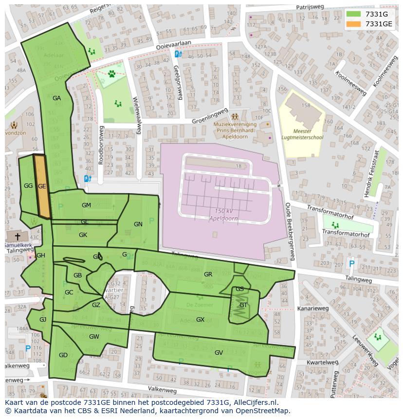 Afbeelding van het postcodegebied 7331 GE op de kaart.