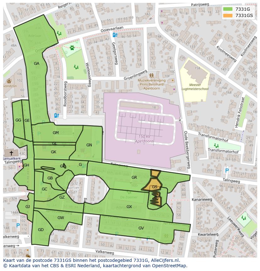 Afbeelding van het postcodegebied 7331 GS op de kaart.