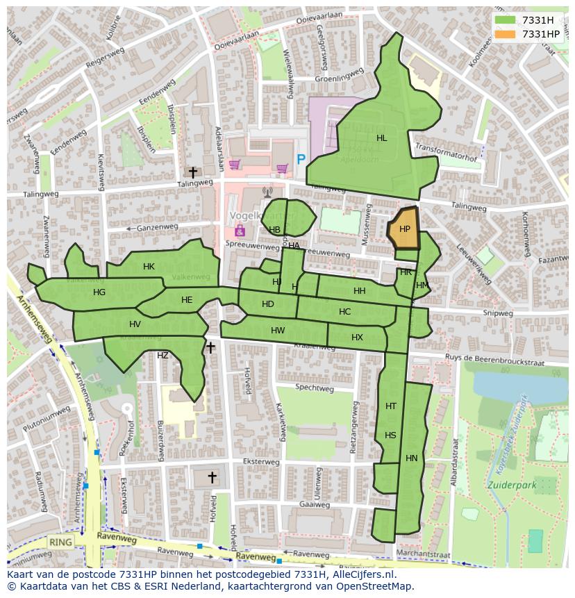 Afbeelding van het postcodegebied 7331 HP op de kaart.