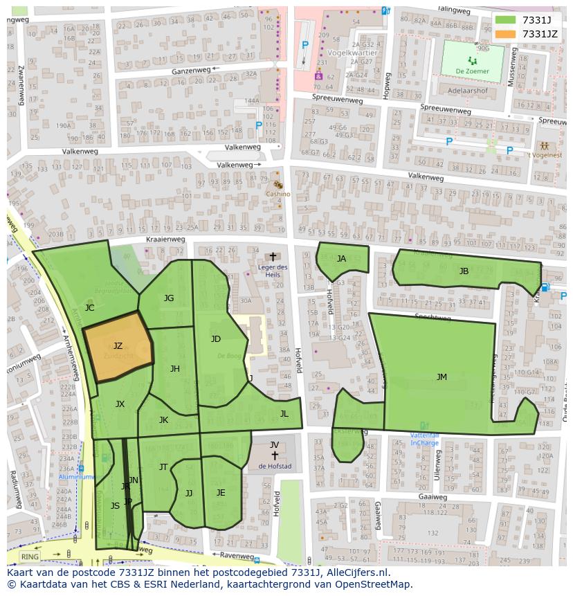Afbeelding van het postcodegebied 7331 JZ op de kaart.