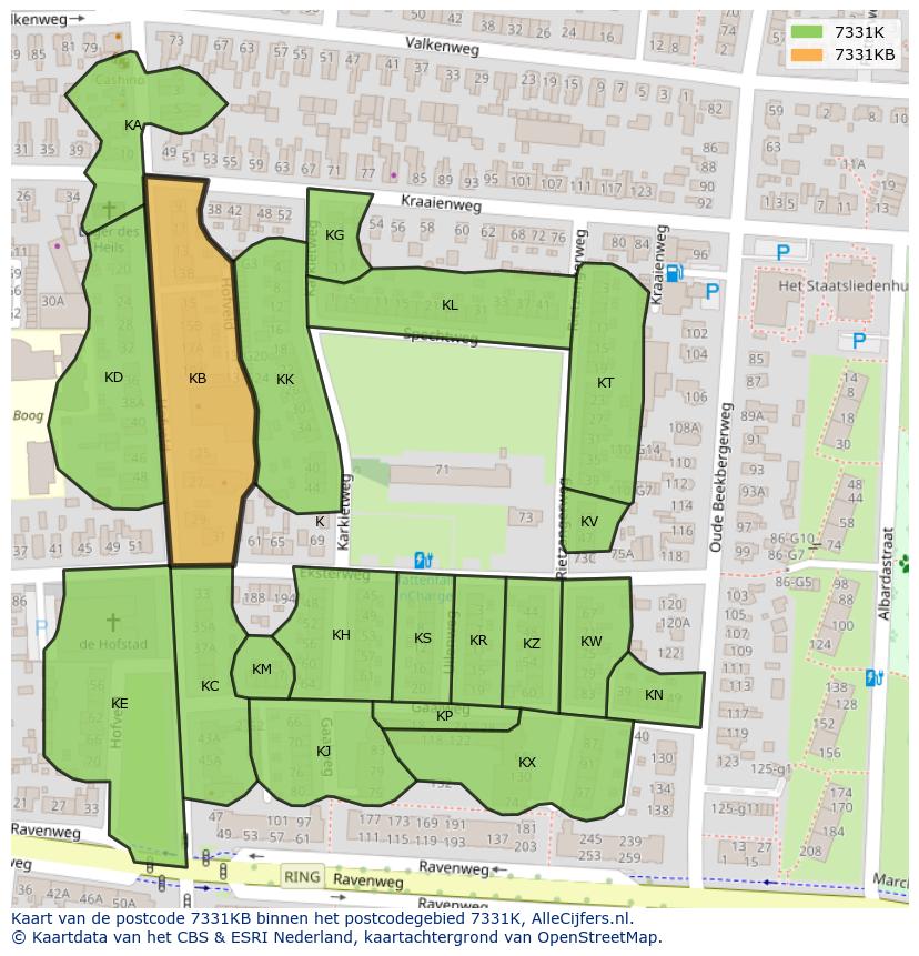 Afbeelding van het postcodegebied 7331 KB op de kaart.