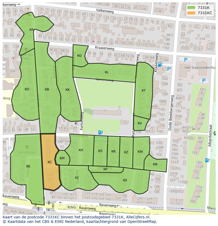 Afbeelding van het postcodegebied 7331 KC op de kaart.