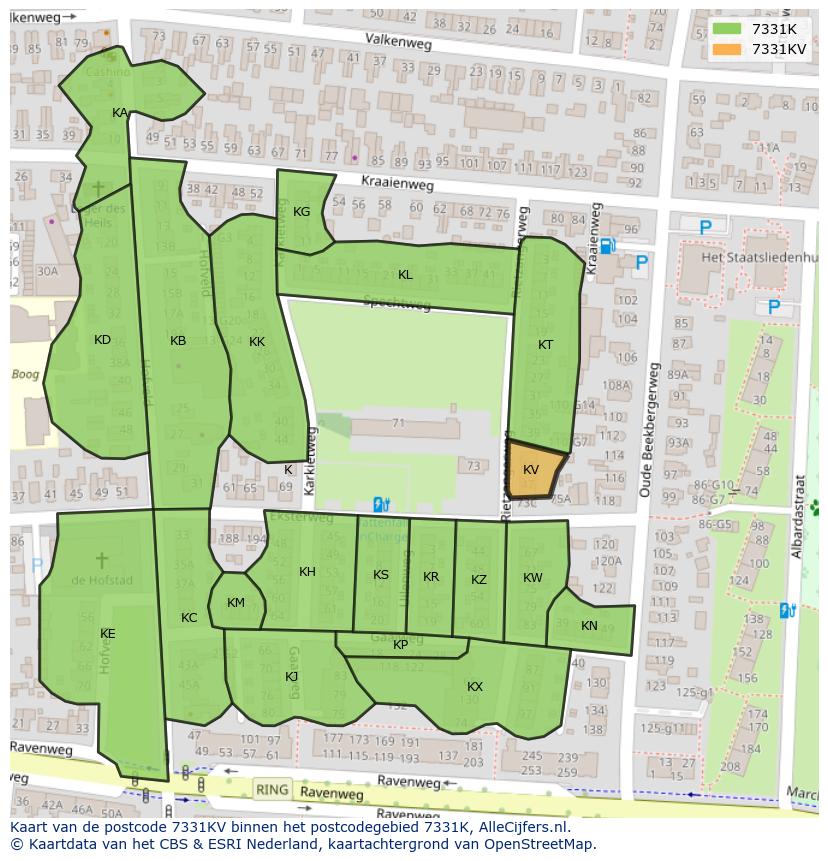 Afbeelding van het postcodegebied 7331 KV op de kaart.
