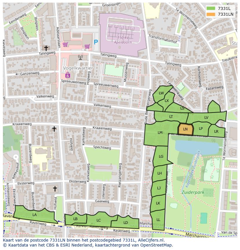 Afbeelding van het postcodegebied 7331 LN op de kaart.
