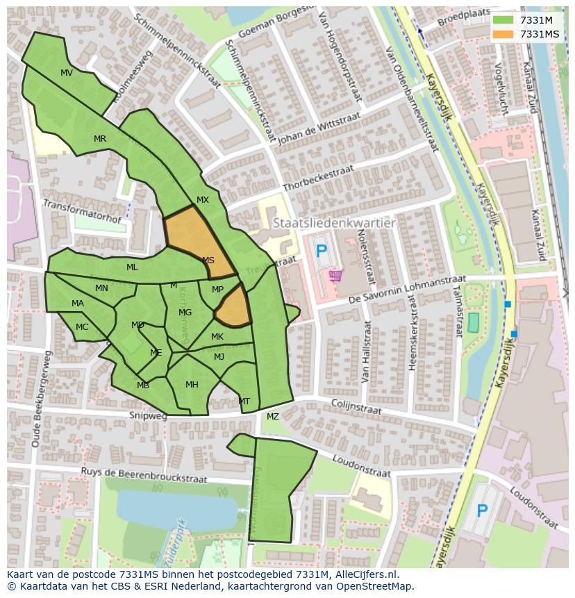 Afbeelding van het postcodegebied 7331 MS op de kaart.