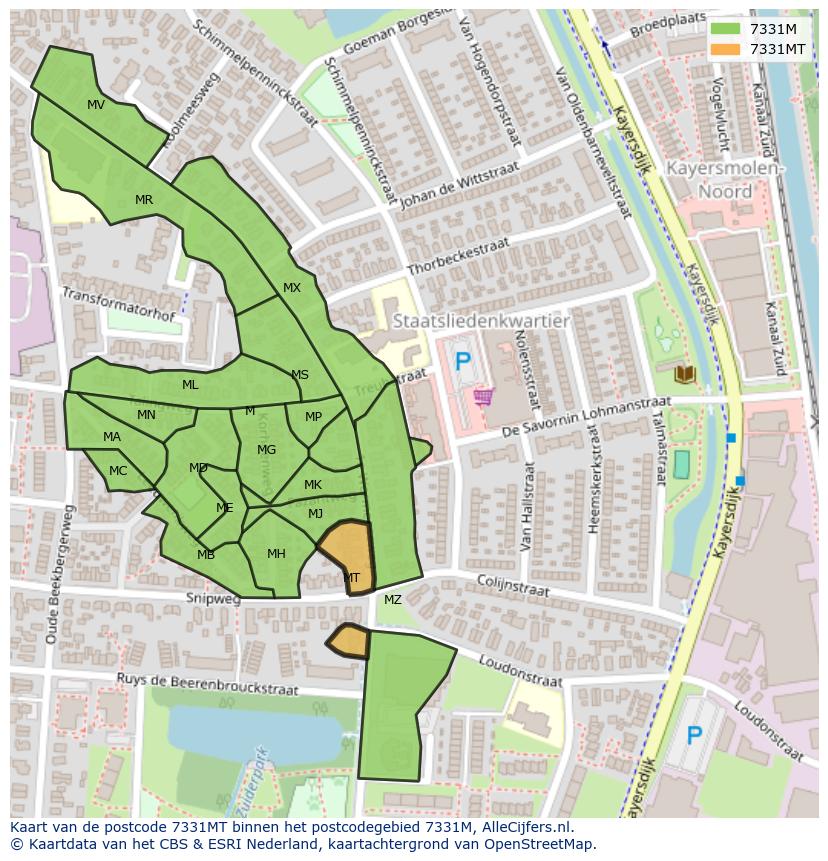 Afbeelding van het postcodegebied 7331 MT op de kaart.