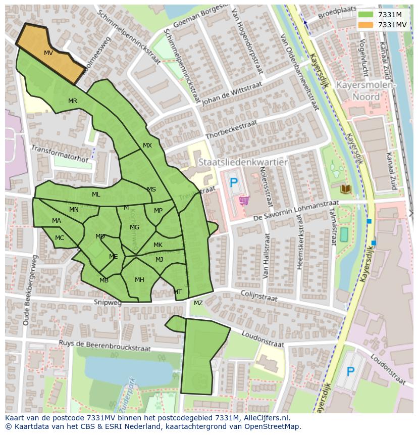 Afbeelding van het postcodegebied 7331 MV op de kaart.