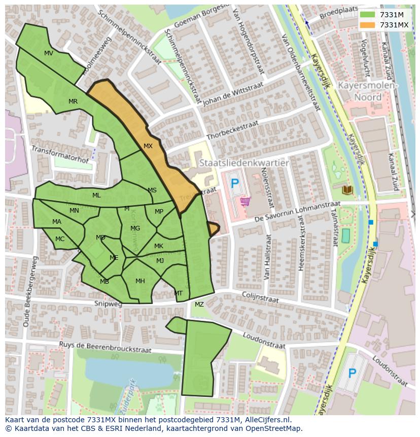 Afbeelding van het postcodegebied 7331 MX op de kaart.