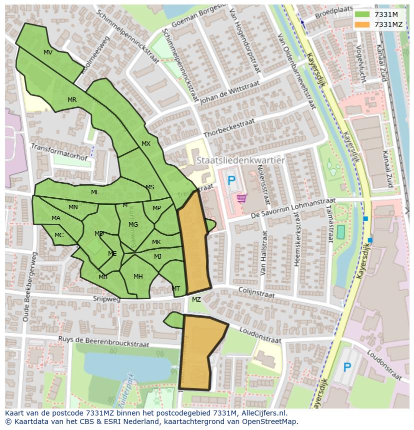 Afbeelding van het postcodegebied 7331 MZ op de kaart.