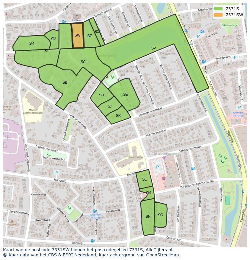 Afbeelding van het postcodegebied 7331 SW op de kaart.