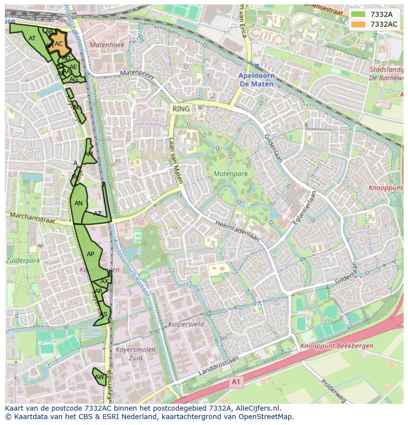 Afbeelding van het postcodegebied 7332 AC op de kaart.