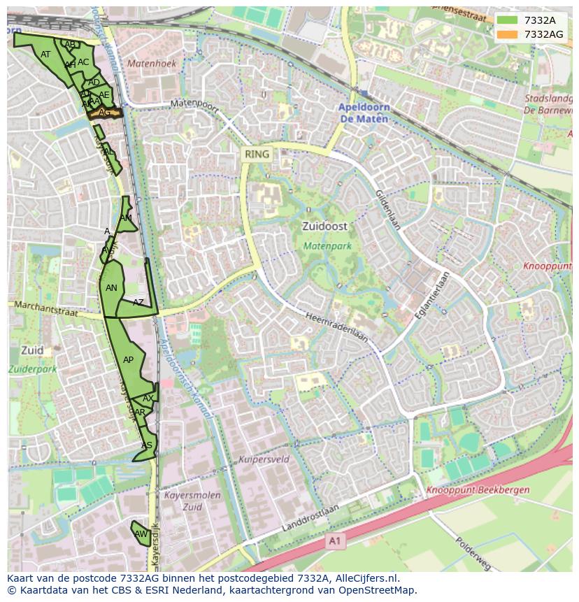 Afbeelding van het postcodegebied 7332 AG op de kaart.