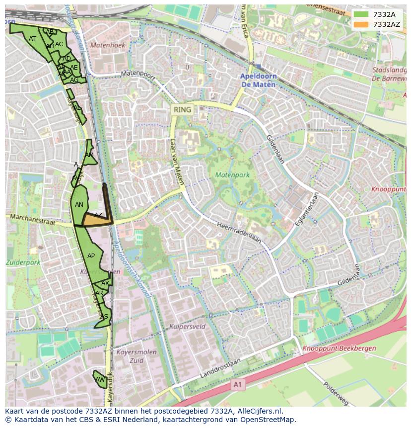 Afbeelding van het postcodegebied 7332 AZ op de kaart.