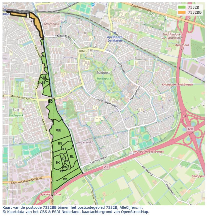 Afbeelding van het postcodegebied 7332 BB op de kaart.