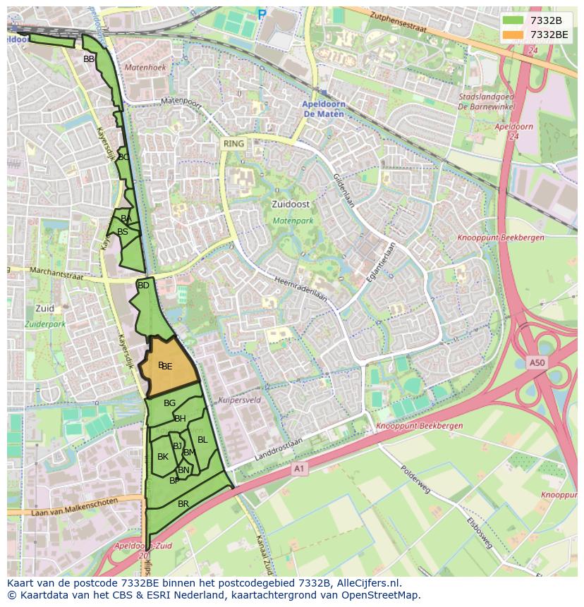 Afbeelding van het postcodegebied 7332 BE op de kaart.