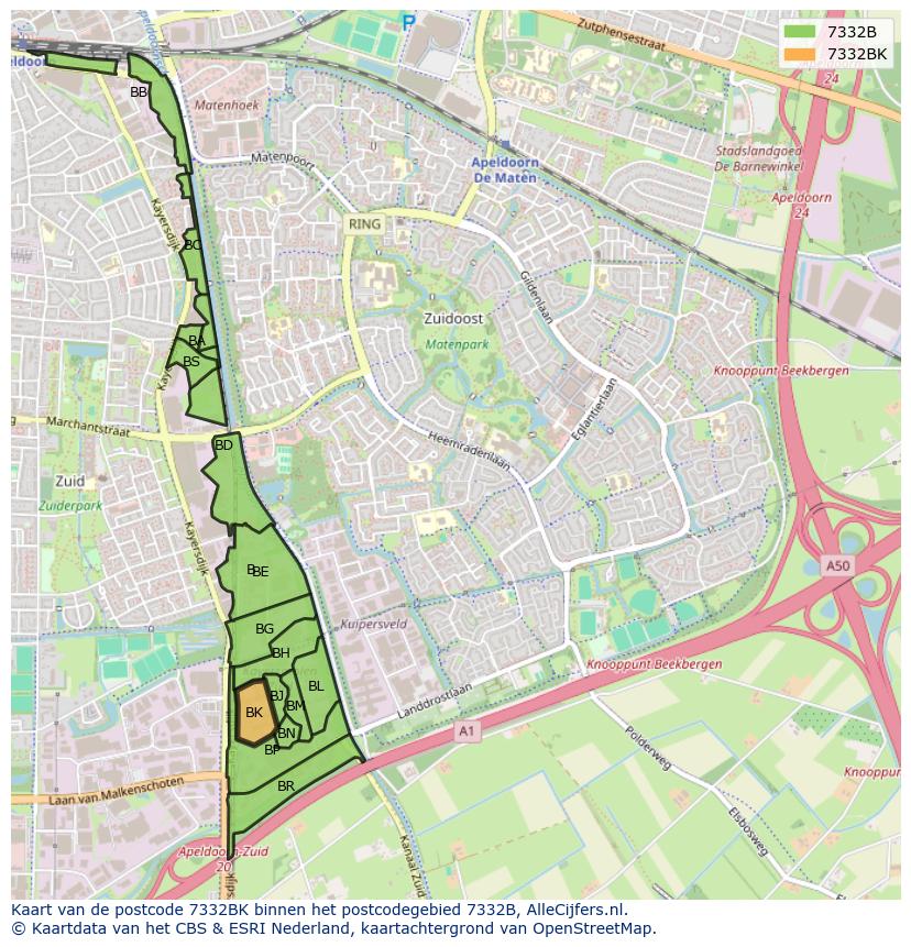 Afbeelding van het postcodegebied 7332 BK op de kaart.