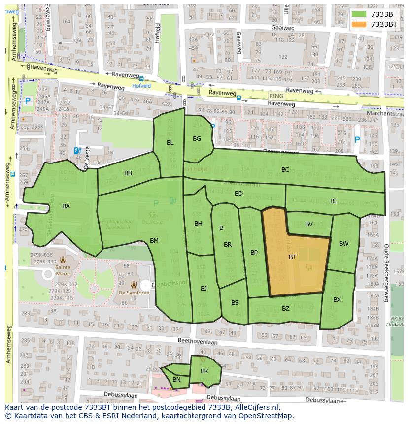 Afbeelding van het postcodegebied 7333 BT op de kaart.