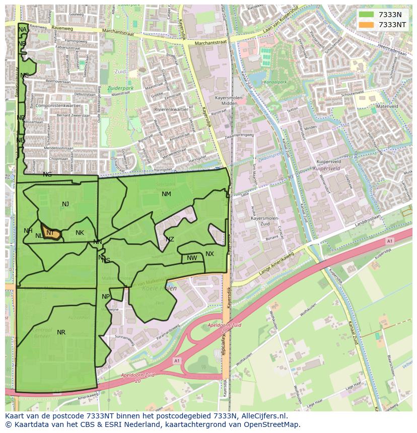 Afbeelding van het postcodegebied 7333 NT op de kaart.