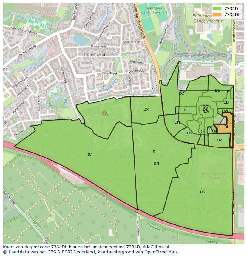 Afbeelding van het postcodegebied 7334 DL op de kaart.
