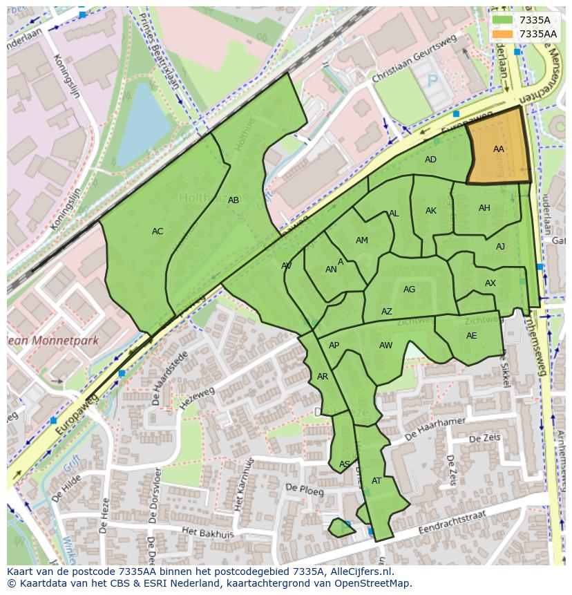 Afbeelding van het postcodegebied 7335 AA op de kaart.