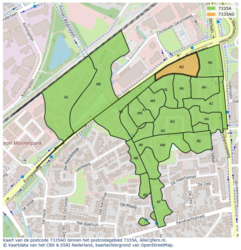 Afbeelding van het postcodegebied 7335 AD op de kaart.