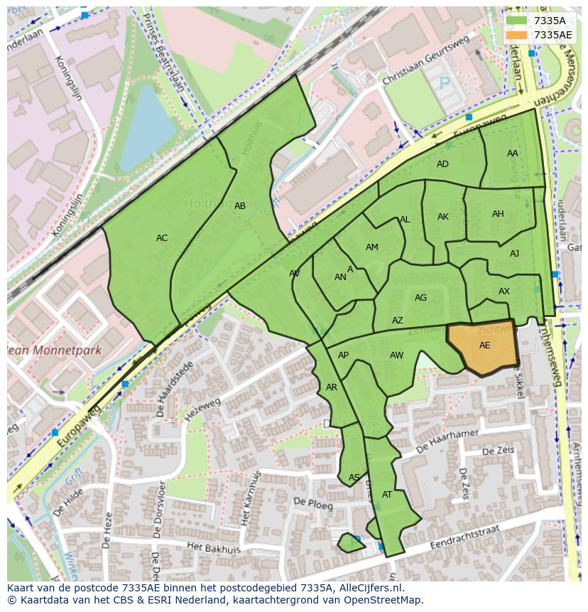 Afbeelding van het postcodegebied 7335 AE op de kaart.