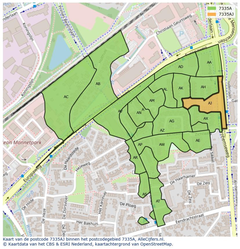 Afbeelding van het postcodegebied 7335 AJ op de kaart.