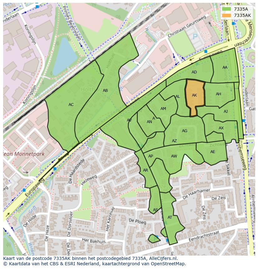 Afbeelding van het postcodegebied 7335 AK op de kaart.