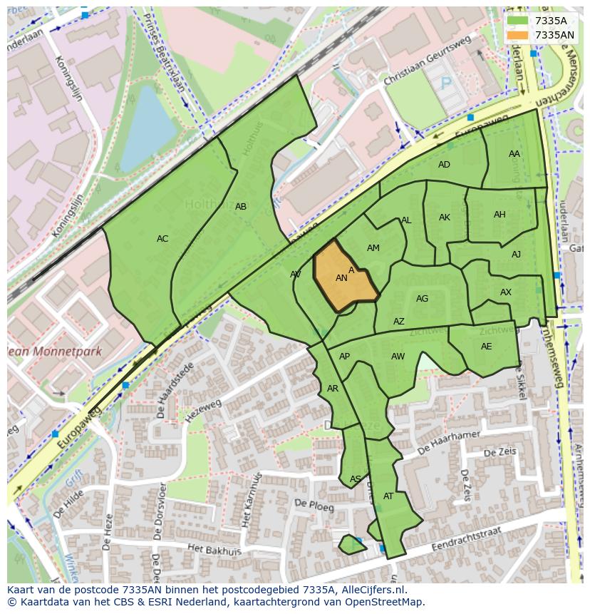 Afbeelding van het postcodegebied 7335 AN op de kaart.