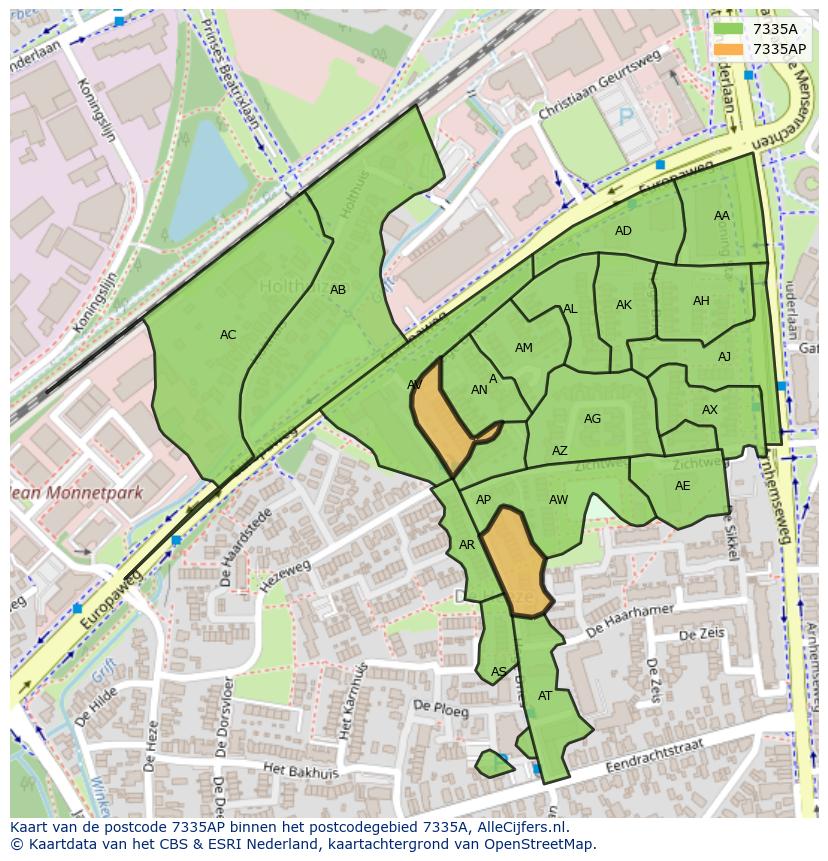 Afbeelding van het postcodegebied 7335 AP op de kaart.