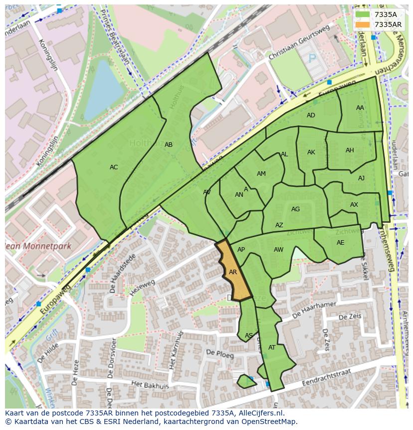 Afbeelding van het postcodegebied 7335 AR op de kaart.