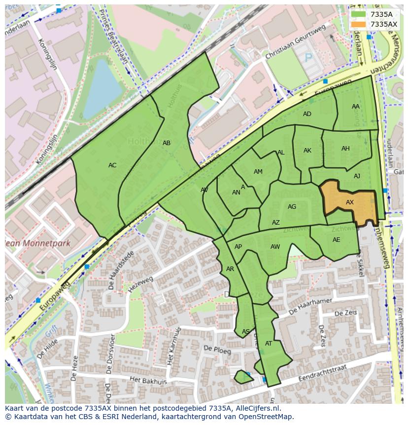 Afbeelding van het postcodegebied 7335 AX op de kaart.