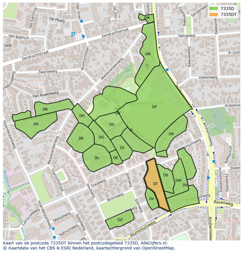 Afbeelding van het postcodegebied 7335 DT op de kaart.