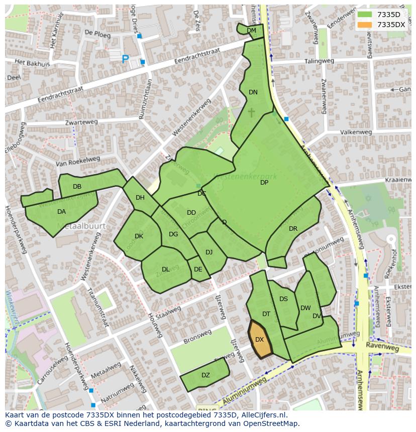 Afbeelding van het postcodegebied 7335 DX op de kaart.