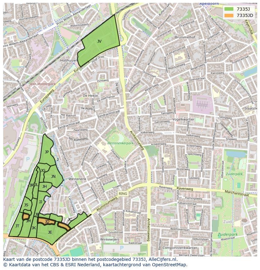 Afbeelding van het postcodegebied 7335 JD op de kaart.