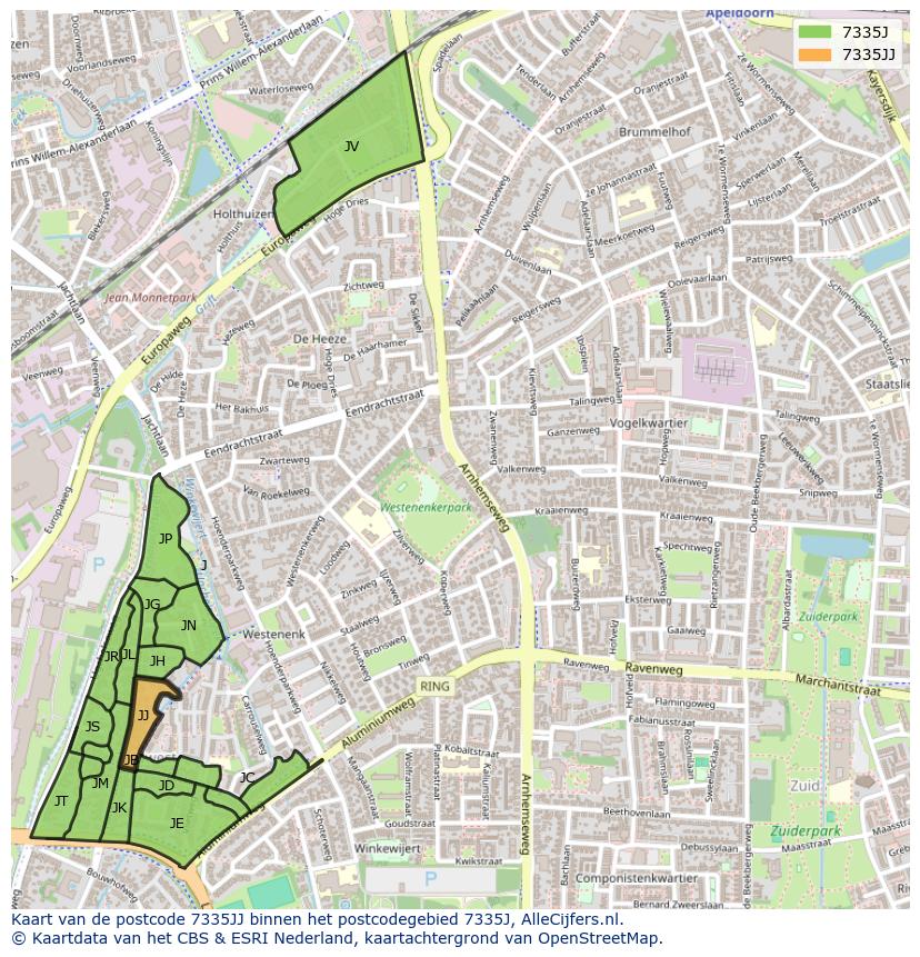 Afbeelding van het postcodegebied 7335 JJ op de kaart.