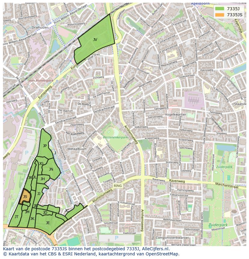 Afbeelding van het postcodegebied 7335 JS op de kaart.