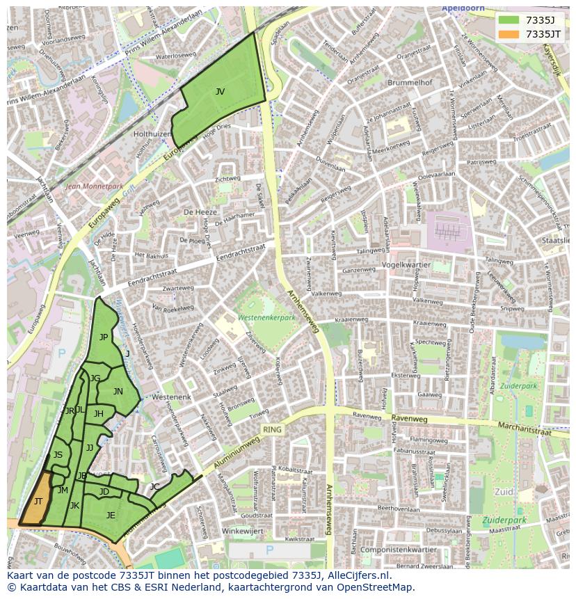 Afbeelding van het postcodegebied 7335 JT op de kaart.
