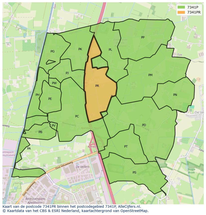 Afbeelding van het postcodegebied 7341 PR op de kaart.