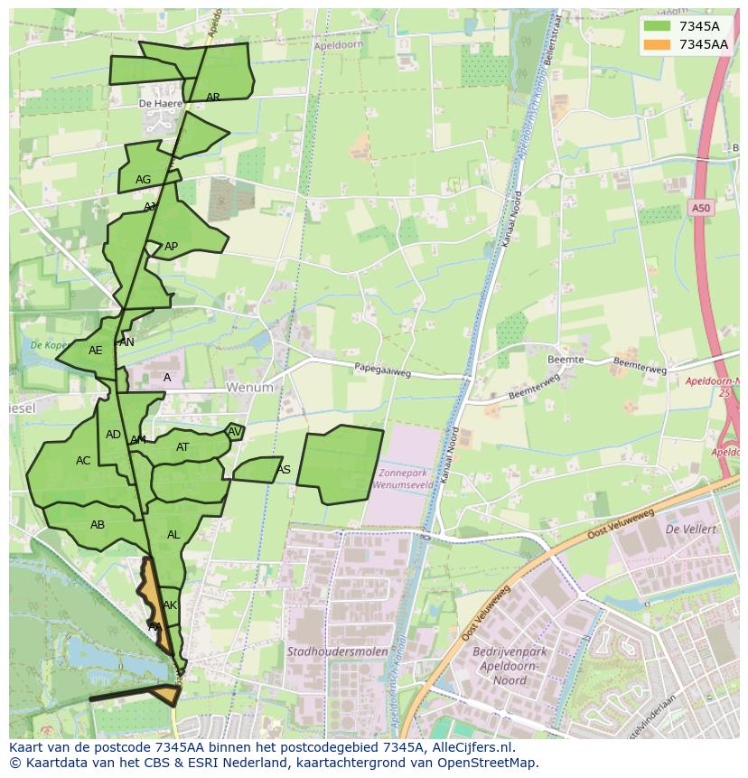 Afbeelding van het postcodegebied 7345 AA op de kaart.
