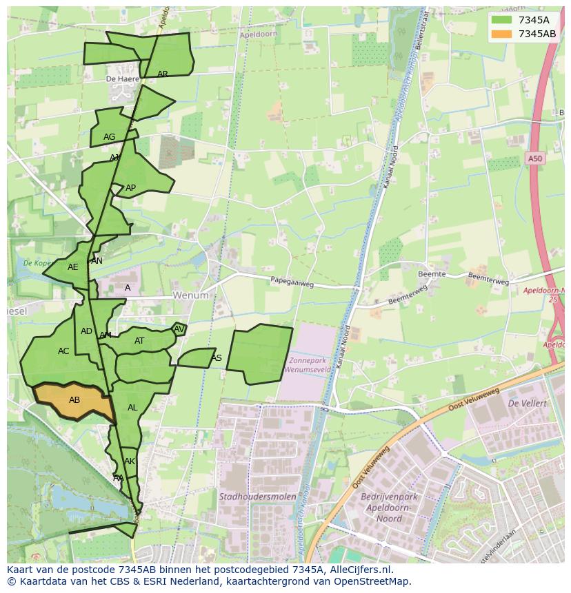 Afbeelding van het postcodegebied 7345 AB op de kaart.