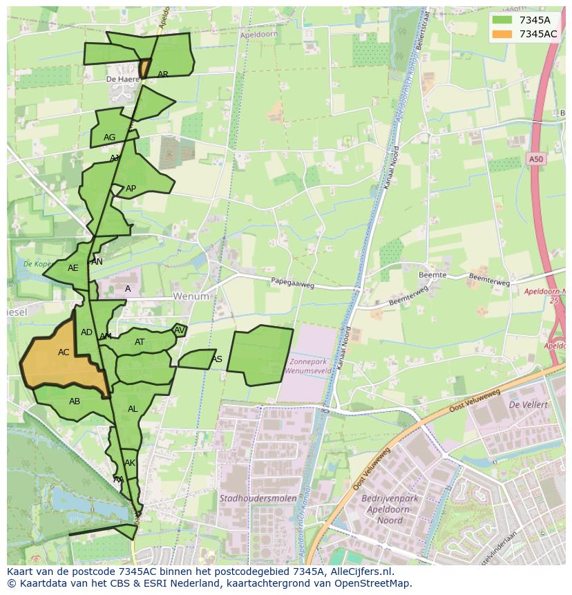 Afbeelding van het postcodegebied 7345 AC op de kaart.