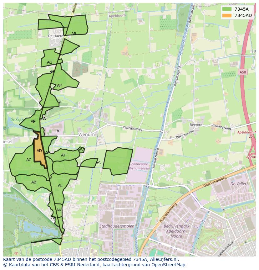 Afbeelding van het postcodegebied 7345 AD op de kaart.