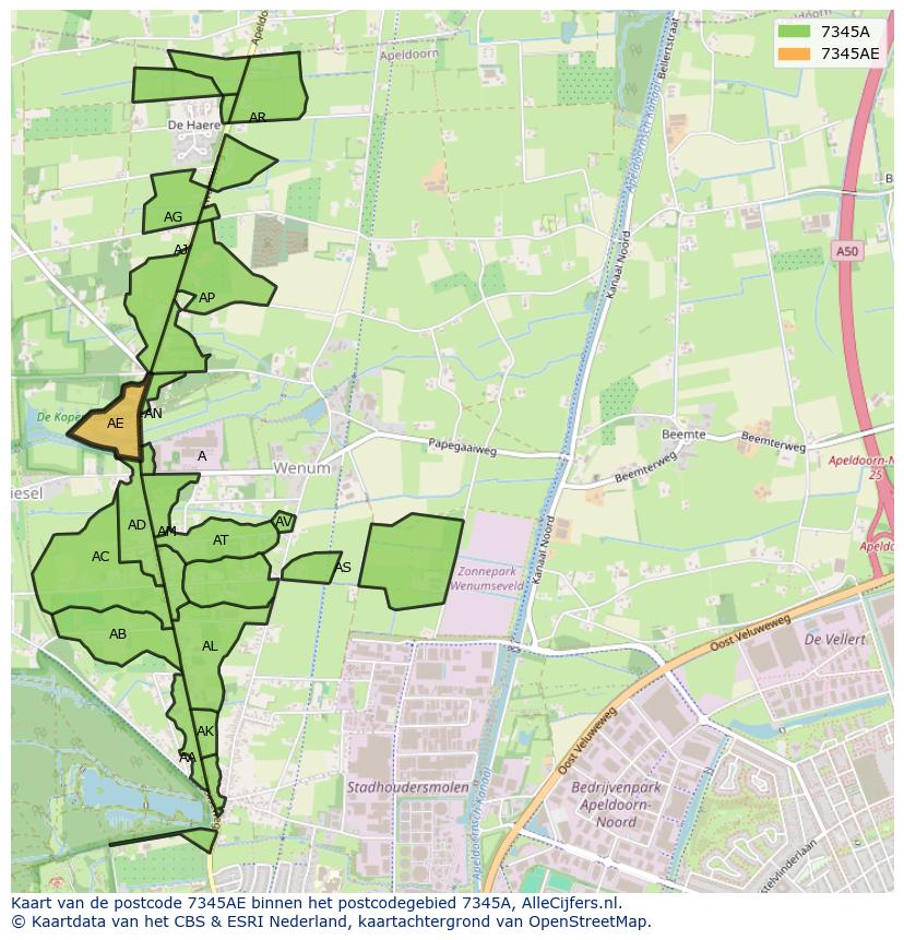 Afbeelding van het postcodegebied 7345 AE op de kaart.