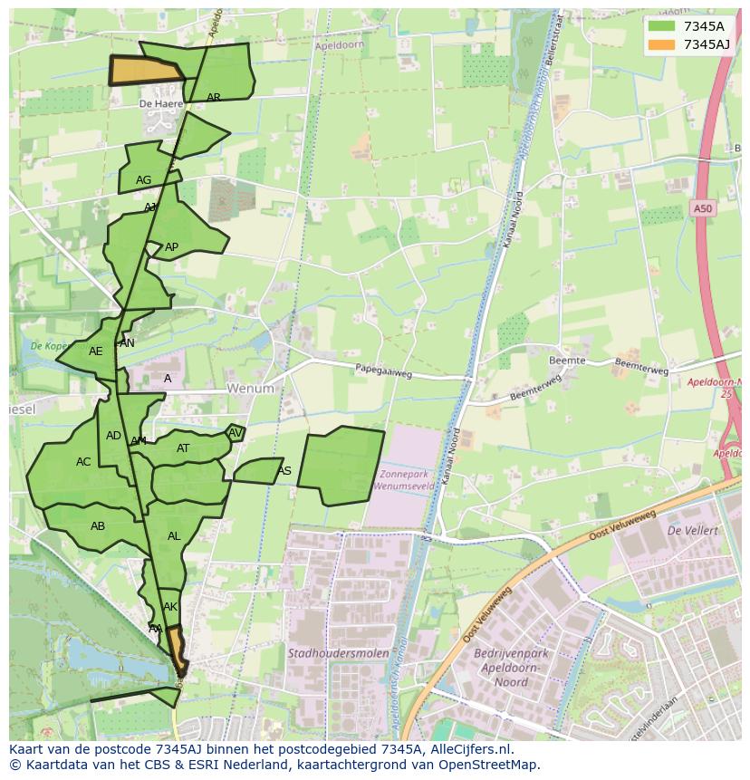 Afbeelding van het postcodegebied 7345 AJ op de kaart.