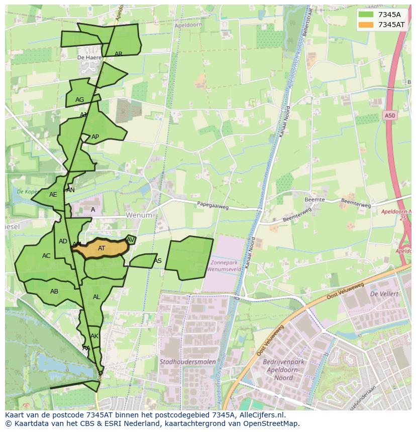 Afbeelding van het postcodegebied 7345 AT op de kaart.