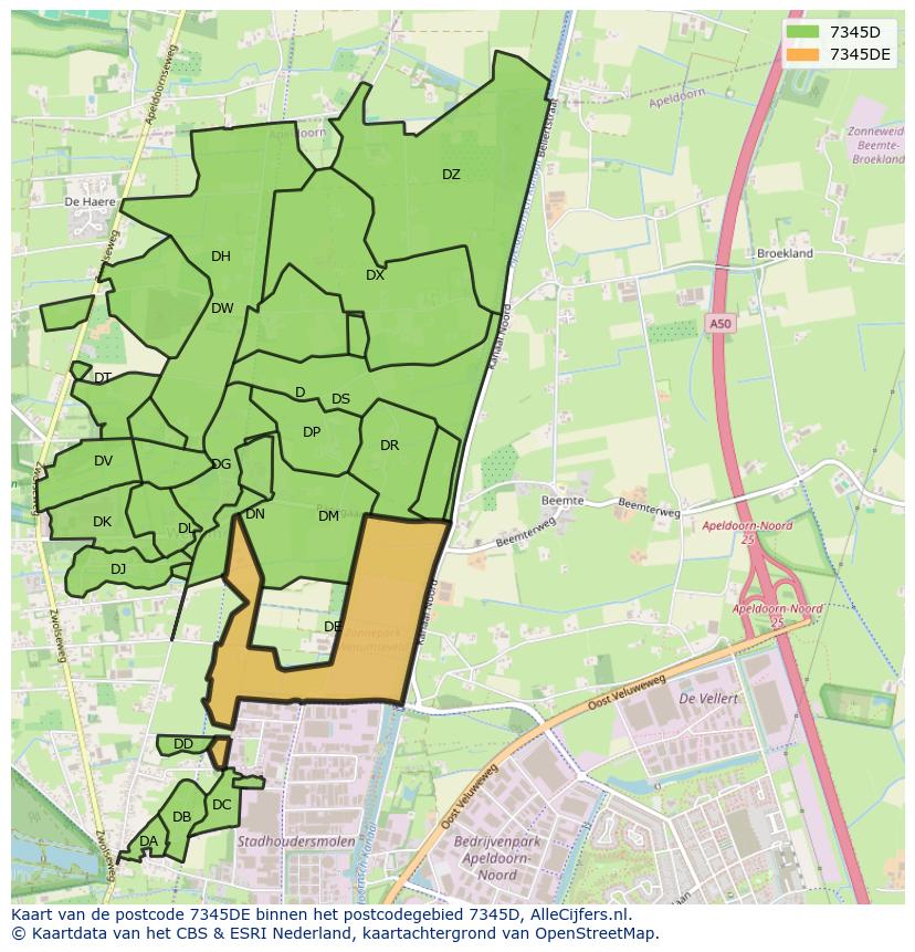 Afbeelding van het postcodegebied 7345 DE op de kaart.