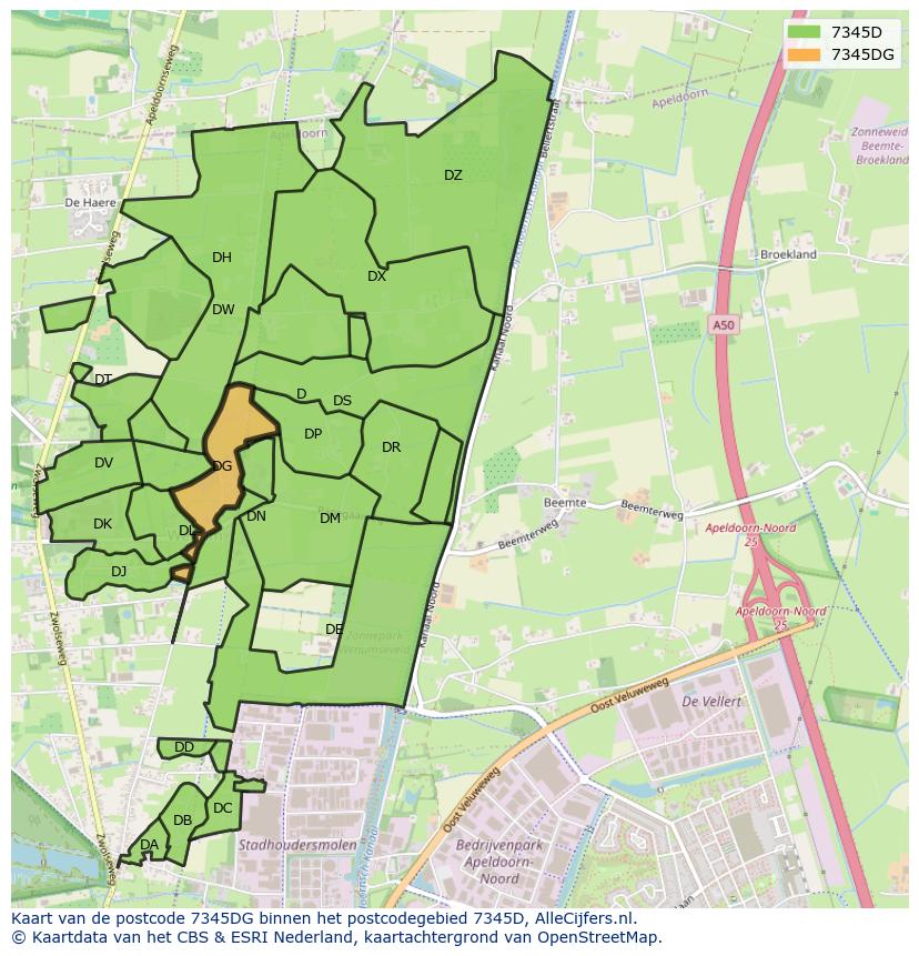 Afbeelding van het postcodegebied 7345 DG op de kaart.