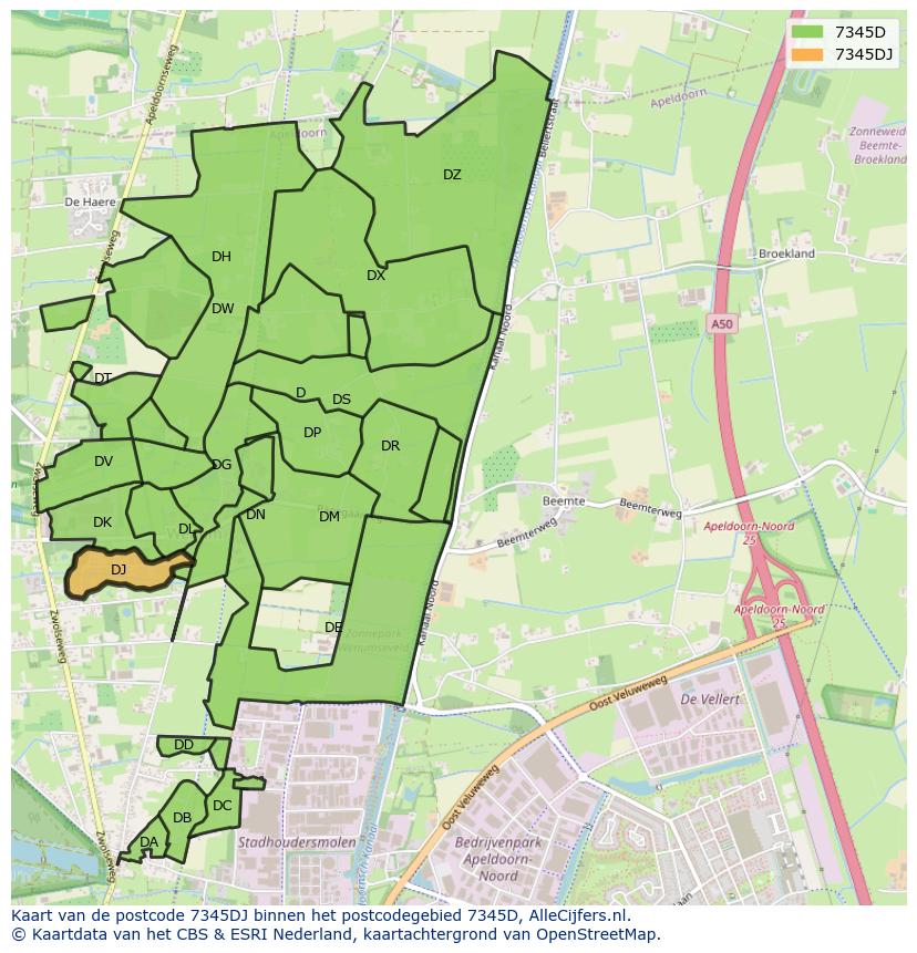 Afbeelding van het postcodegebied 7345 DJ op de kaart.