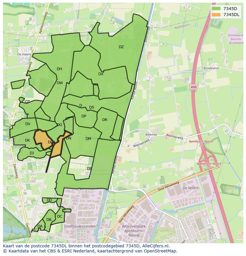 Afbeelding van het postcodegebied 7345 DL op de kaart.